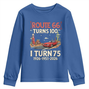 Route Highway 66 Turns 100 I Turn 75 Youth Sweatshirt Vintage 1951 Road Sign Classic Muscle Car Lover 75th Birthday Gift