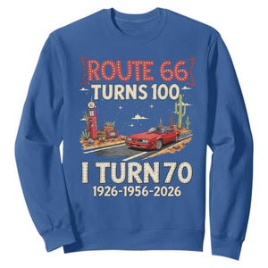 Route Highway 66 Turns 100 I Turn 70 Sweatshirt Vintage 1956 Road Sign Classic Muscle Car Lover 70th Birthday Gift
