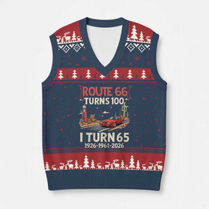 Route Highway 66 Turns 100 I Turn 65 V-Neck Knit Sweater Vest Vintage 1961 Road Sign Classic Muscle Car Lover 65th Birthday Gift