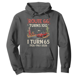 Route Highway 66 Turns 100 I Turn 65 Hoodie Vintage 1961 Road Sign Classic Muscle Car Lover 65th Birthday Gift