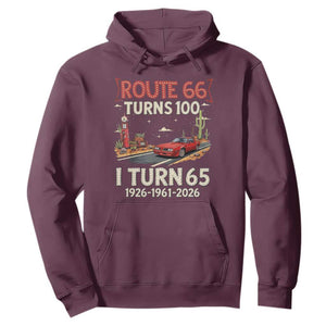 Route Highway 66 Turns 100 I Turn 65 Hoodie Vintage 1961 Road Sign Classic Muscle Car Lover 65th Birthday Gift