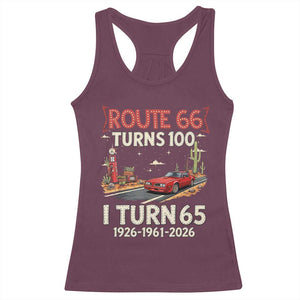 Route Highway 66 Turns 100 I Turn 65 Racerback Tank Top Vintage 1961 Road Sign Classic Muscle Car Lover 65th Birthday Gift