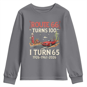Route Highway 66 Turns 100 I Turn 65 Youth Sweatshirt Vintage 1961 Road Sign Classic Muscle Car Lover 65th Birthday Gift