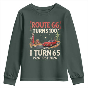 Route Highway 66 Turns 100 I Turn 65 Youth Sweatshirt Vintage 1961 Road Sign Classic Muscle Car Lover 65th Birthday Gift