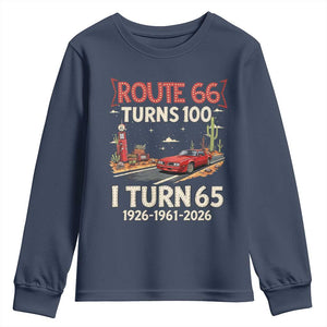 Route Highway 66 Turns 100 I Turn 65 Youth Sweatshirt Vintage 1961 Road Sign Classic Muscle Car Lover 65th Birthday Gift