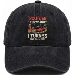 Route Highway 66 Turns 100 I Turn 55 Washed Cotton Baseball Cap Vintage 1971 Road Sign Classic Muscle Car Lover 55th Birthday Gift
