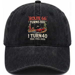 Route Highway 66 Turns 100 I Turn 40 Washed Cotton Baseball Cap Vintage 1986 Road Sign Classic Muscle Car Lover 40th Birthday Gift