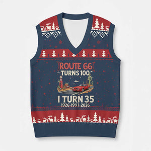 Route Highway 66 Turns 100 I Turn 35 V-Neck Knit Sweater Vest Vintage 1991 Road Sign Classic Muscle Car Lover 35th Birthday Gift