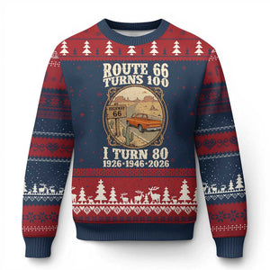Route Highway 66 Turns 100 I Turn 80 Ugly Christmas Sweater Vintage 1946 Road Sign Classic Pickup Truck Lover 80th Birthday Gift
