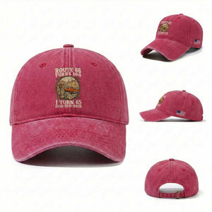 Route Highway 66 Turns 100 I Turn 65 Washed Cotton Baseball Cap Vintage 1961 Road Sign Classic Pickup Truck Lover 65th Birthday Gift