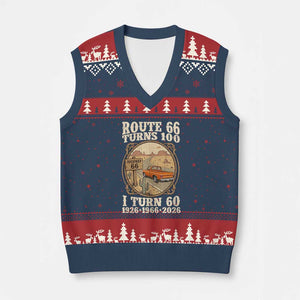 Route Highway 66 Turns 100 I Turn 60 V-Neck Knit Sweater Vest Vintage 1966 Road Sign Classic Pickup Truck Lover 60th Birthday Gift