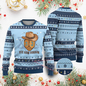Yee Haw Nukkah Hanukkah Ugly Sweater Funny Cowboy Hanukkah TS14 Light Blue Navy Print Your Wear