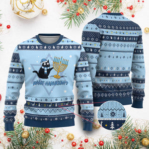 Funny Black Cat Hanukkah Chanukah Hanukkah Ugly Sweater TS14 Light Blue Navy Print Your Wear
