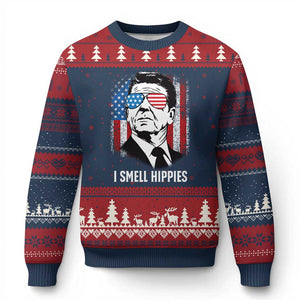Ronald Reagan 4th of July America Flag Ugly Christmas Sweater I Smell Hippies TS14 Navy Red Print Your Wear