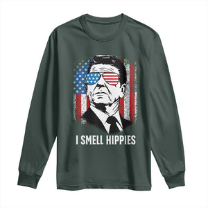 Ronald Reagan 4th of July America Flag Long Sleeve Shirt I Smell Hippies TS14 Dark Forest Green Print Your Wear