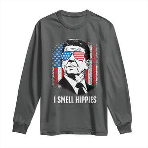 Ronald Reagan 4th of July America Flag Long Sleeve Shirt I Smell Hippies TS14 Dark Heather Print Your Wear