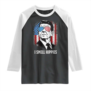 Ronald Reagan 4th of July America Flag Raglan Shirt I Smell Hippies TS14 Black White Print Your Wear