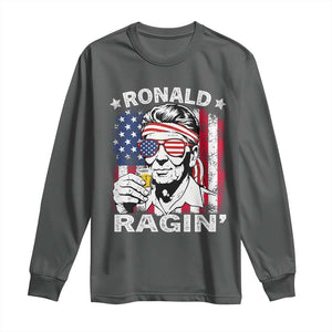Ronald Reagan Long Sleeve Shirt 4th of July America Flag Beer TS14 Dark Heather Print Your Wear