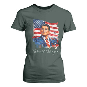 Ronald Reagan Patriotic American Flag President T Shirt For Women TS14 Dark Forest Green Print Your Wear