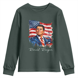 Ronald Reagan Patriotic American Flag President Youth Sweatshirt TS14 Dark Forest Green Print Your Wear