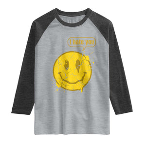I Hate You Raglan Shirt Vintage Yellow Happy Smile Face TS14 Heather Gray Heather Charcoal Print Your Wear