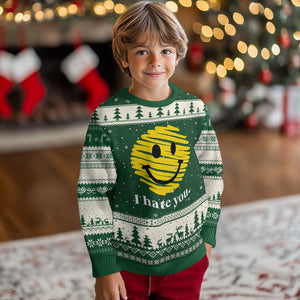 I Hate You Smile Face Meme Ugly Christmas Sweater Viral Sarcastic Humor TS14 Forest Green Beige Print Your Wear