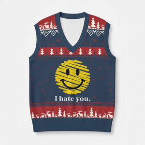 I Hate You Smile Face Meme V-Neck Knit Sweater Vest Viral Sarcastic Humor TS14 Navy Red Print Your Wear