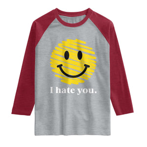 I Hate You Smile Face Meme Raglan Shirt Viral Sarcastic Humor TS14 Heather Gray Heather Red Print Your Wear