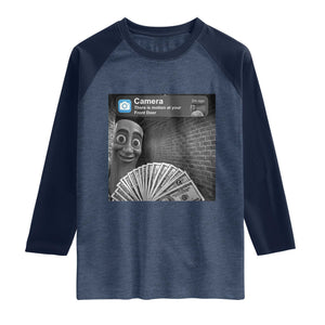 There is Motion at Your Front Door Raglan Shirt Tung Tung Tung Sahur Italian Brainrot Meme TS14 Heather Denim Navy Print Your Wear