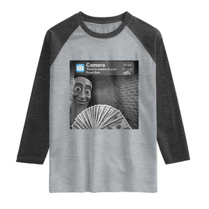 There is Motion at Your Front Door Raglan Shirt Tung Tung Tung Sahur Italian Brainrot Meme TS14 Heather Gray Heather Charcoal Print Your Wear