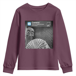 There is Motion at Your Front Door Youth Sweatshirt Tung Tung Tung Sahur Italian Brainrot Meme TS14 Maroon Print Your Wear