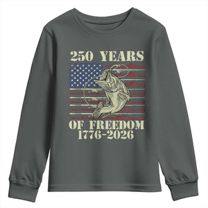 250th Anniversary USA Bass Fishing American Flag Youth Sweatshirt TS14 Dark Heather Print Your Wear