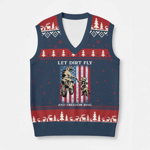 Let Dirt Fly And Freedom Ring V-Neck Knit Sweater Vest 4th of July Dirt Bike American Flag TS14 Navy Red Print Your Wear