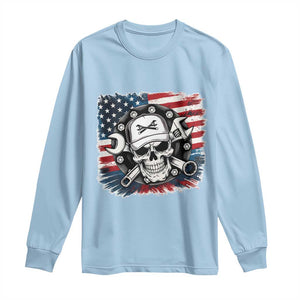 American Flag Skull Mechanic Long Sleeve Shirt Labor Day Patriotic USA TS14 Light Blue Print Your Wear