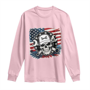American Flag Skull Mechanic Long Sleeve Shirt Labor Day Patriotic USA TS14 Light Pink Print Your Wear