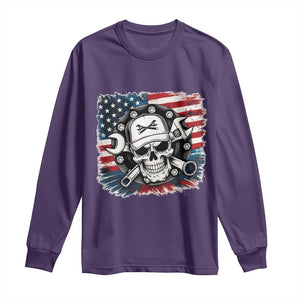 American Flag Skull Mechanic Long Sleeve Shirt Labor Day Patriotic USA TS14 Purple Print Your Wear