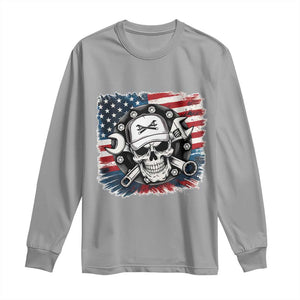American Flag Skull Mechanic Long Sleeve Shirt Labor Day Patriotic USA TS14 Sport Gray Print Your Wear