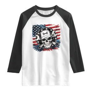 American Flag Skull Mechanic Raglan Shirt Labor Day Patriotic USA TS14 White Black Print Your Wear