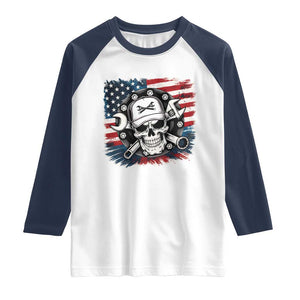 American Flag Skull Mechanic Raglan Shirt Labor Day Patriotic USA TS14 White Navy Print Your Wear