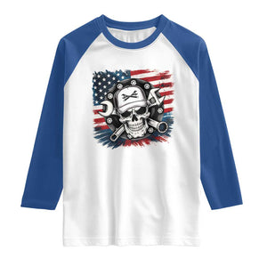 American Flag Skull Mechanic Raglan Shirt Labor Day Patriotic USA TS14 White Royal Print Your Wear