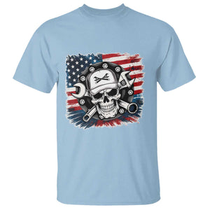 American Flag Skull Mechanic T Shirt Labor Day Patriotic USA TS14 Light Blue Print Your Wear