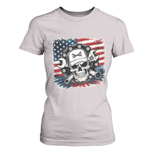American Flag Skull Mechanic T Shirt For Women Labor Day Patriotic USA TS14 Ice Gray Print Your Wear