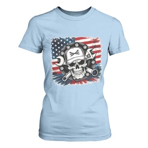 American Flag Skull Mechanic T Shirt For Women Labor Day Patriotic USA TS14 Light Blue Print Your Wear