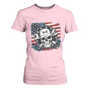 American Flag Skull Mechanic T Shirt For Women Labor Day Patriotic USA TS14 Light Pink Print Your Wear