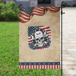 American Flag Skull Mechanic Garden Flag Labor Day Patriotic USA TS14 Vintage Rustic Tan Navy Print Your Wear