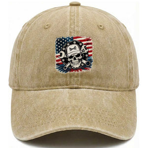 American Flag Skull Mechanic Washed Cotton Baseball Cap Labor Day Patriotic USA TS14 Washed Cap Universal Fit Khaki Print Your Wear