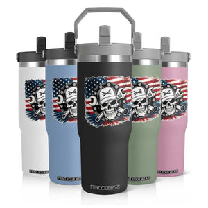 American Flag Skull Mechanic Flip Straw Tumbler Labor Day Patriotic USA TS14 Print Your Wear