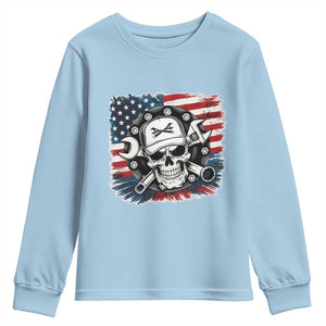 American Flag Skull Mechanic Youth Sweatshirt Labor Day Patriotic USA TS14 Light Blue Print Your Wear