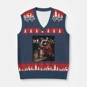 Funny Raccoon Whiskey Sunglasses Norwegian Flag V-Neck Knit Sweater Vest Viral Trash Panda Football Texas Souvenir Meme TS14 Navy Red Print Your Wear