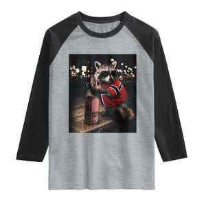 Funny Raccoon Whiskey Sunglasses Norwegian Flag Raglan Shirt Viral Trash Panda Football Texas Souvenir Meme TS14 Heather Gray Black Print Your Wear